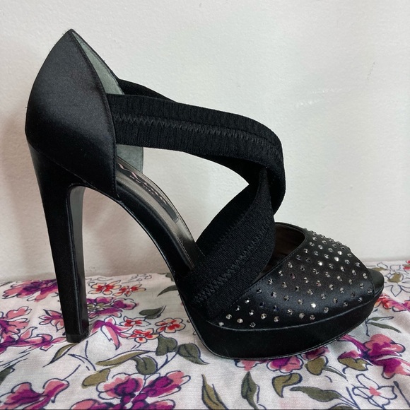 Nina New York Black Satin Rhinestone Platform Heels Thick Criss Cross Straps - Picture 12 of 12